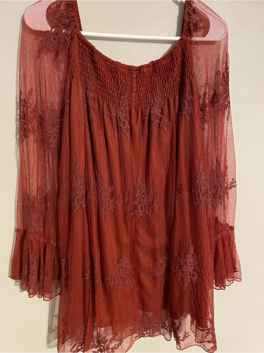 Cato Rust Sheer Embroidered Peasant Blouse